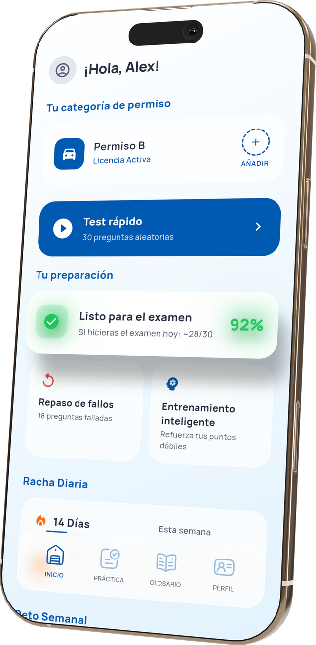 Pantalla de inicio de ViaTest: listo para el examen al 92 %, unas 28 de 30 si hicieras el examen hoy