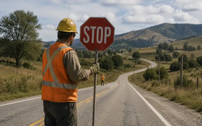 Imagen de la pregunta: El personal de obras de la fotografía le está ordenando que se detenga. ¿Está